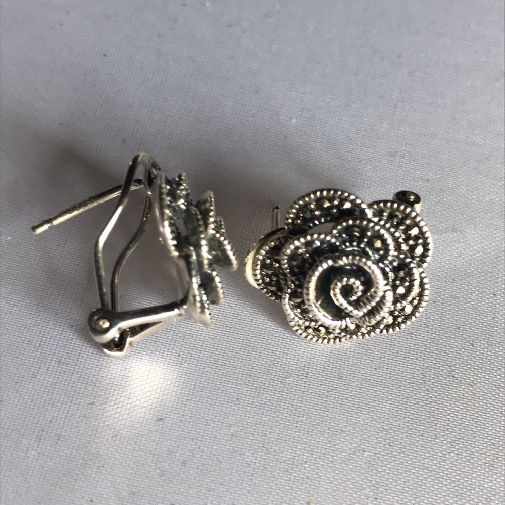 New! Sterling Silver Marcasite Rose Stud Earrings - Picture 8 of 13